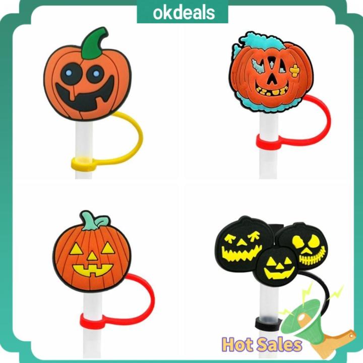 OKDEALS Food Grade Materials Silicone Straw Cap Dustproof Silica Gel  Pumpkin Straw Cover Funny Cartoon Pattern Straw Decorative Cover Halloween