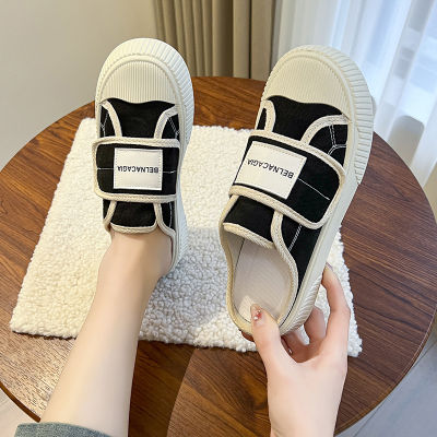 Closed Toe Half Slippers Womens Summer Outer Wear Slip-on Canvas Shoes Fried Street Two Wear Thick Bottom Biscuit Shape Shoes Womens Magic Stick Shoes Single