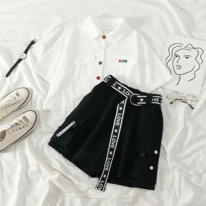 fashion-summer-2021-two-piece-set-ribbon-shorts-with-t-shirt-streetwear-loose-shorts-and-t-shirt-with-belt