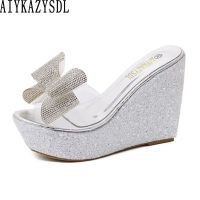 AIYKAZYSDL 2019 Women Summer Wedge Heel Shoes Clear Crystal Sandals Bowknot Platform High Heels Sequined Bling Shiny Mule Slides