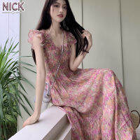 NICK Flying Sleeve ชุดเดรสลายดอกไม้กระโปรงยาวบางเพรียวบางใหม่