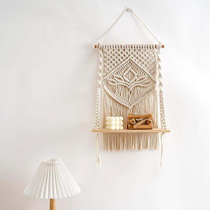 macrame-ชั้นแขวนผนังสำหรับตกแต่งไม้ลอยชั้นทอด้วยมือสไตล์โบฮีเมียนสีขาวชั้นวางติดผนังแนวชนบท