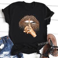 New Harajuku Leopard Lips Shut Up Letters Printed T-shirts Women Black Casual Tops Summer Fashion Short Sleeve Female T Shirt