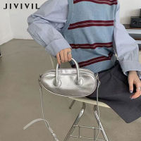 JIVIVIL  กระเป๋าสะพายสีเงินอเนกประสงค์ กระเป๋าทรงบาแก็ตต์แบบพกพาหนัง PU สไตล์ย้อนยุคสไตล์เกาหลี