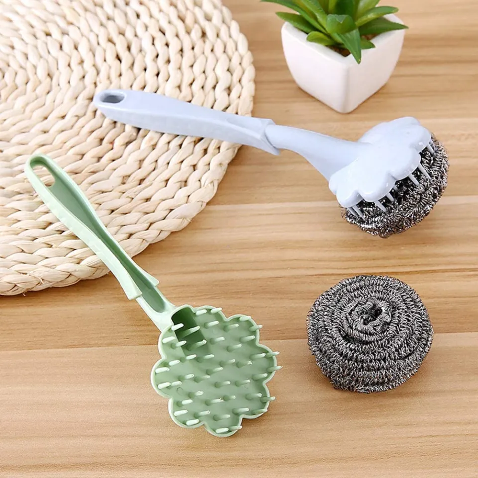 1pc Plastic Handle Pan Cleaning Brush, Kitchen Sponge Scrubber For  Non-stick Pots And Pans, Steel Wire Cleaning Ball