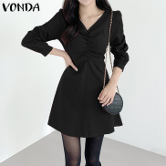 VONDA Women Casual Solid V-Neck Puff Sleeve Pleated Versatile Collect