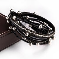 Amorcome Multilayer Metal Beads Charm Leather Bracelets for Women Trendy Design Double Wrap Bracelets &amp; Bangles Jewelry