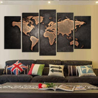 5 Piece Large Decorative World Map Wall Decor Canvas Art Print Vintage Abstract Painting Black Background Home Office Artwork