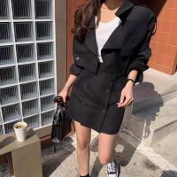 Vintage Casual 2 Pieces Set Women Notched Collar Long Sleeve Short Blazer + High Waist Double Breasted A-Line Mini Skirt Suit