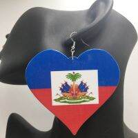 Free Shipping!Printing 6cm Haiti Flag Heart Wooden earrings