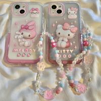 (Bishop Belle)Sanrio Hello Kitty การ์ตูนน่ารักพร้อมสายรัดข้อมือสุดหรูโทรศัพท์เคสสำหรับไอโฟน14 13 12 11 Pro ปกสูงสุด Y2k เด็กผู้หญิง