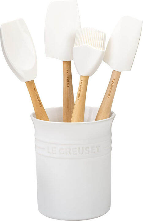 le-creuset-silicone-craft-series-utensil-set-with-stoneware-crock-5-pc-white