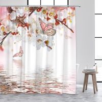 Nature Butterfly Flowers Shower Curtain White Pink Floral Plant Water Reflection Fabric Print Modern Bathroom Decor Curtains Set