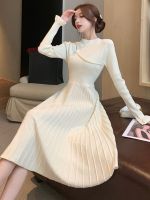 Women Retro Elegant Temperament Knitted Sweater Dress Winter Warm Pleated Skinny Stretc Long Bell Sleeve Dress 2022 New Vestido