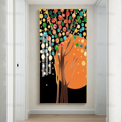 Enamel Modern Light Luxury Fortune Golden Rich Tree Entrance Abstract Canvas Painting Large Wall Pictures for Living Room Decor