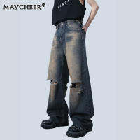 MAYCHEER   กางเกงยีนส์สไตล์วินเทจกางเกงผู้ชายขาสามส่วนผู้ชายเอวสูง Ins