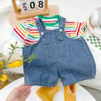 IENENS Summer Boy Short Sleeves Clothing Sets 0-4 Years Baby Outfits 2PCS Kids Striped Tees + Jeans Overalls Children Casual Clothes Suits