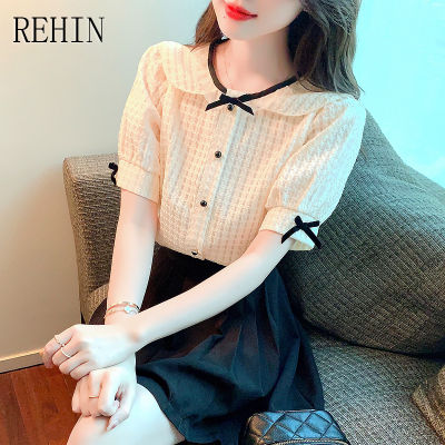 REHIN เสื้อแขนสั้นผู้หญิง,เสื้อแขนพองผ้าชีฟองโบว์สุนัขตุ๊กตาแฟชั่นสไตล์เกาหลีแบบใหม่ฤดูร้อน