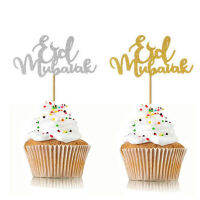 [Foocome]Eid Mubarak Toppers Happy Eid ตัวอักษรภาษาอังกฤษ Gold Glitter Cupcake Toppers Eid Party Decorations