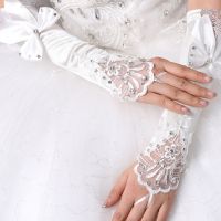 ▨◄◆ Bridal Gloves Wedding Long Lace Pearl Chiffon Appliqued Glove Tulle Bow Mesh Women Elegance Beaded Marriage Bride Party Glove