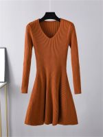 【YF】 2023 Women Winter V Neck Ribbed Knee Length Party Dress Knitted Dresses Black Sexy Lady Thick Slim Bodycon A-line Sweater