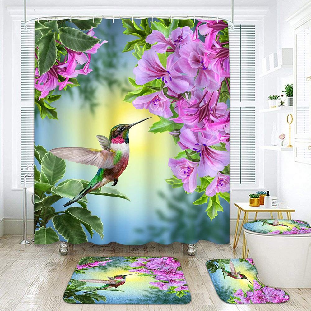Hummingbird Bathroom Rug Set Shower Curtain Bath Mat Non-Slip Toilet Lid Cover 
