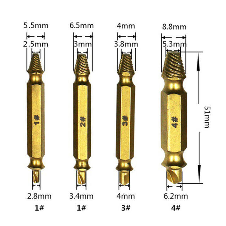 worth-buy-ไกด์ดอกสว่านอุปกรณ์ถอนสกรูชำรุด4ชิ้นชุดเครื่องมือหัวถอดน็อตเกลียวตัดความเร็วออกง่ายสลักเกลียวถอดออกได้