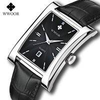 WWOOR Mens Square นาฬิกาแบรนด์หรูสีดำสายหนังควอตซ์นาฬิกากันน้ำชายอัตโนมัติวันที่นาฬิกาข้อมือ Box-8017