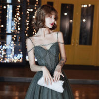 ชุด Camisole Evening Dress Womens Long Dark Green Banquet Elegant Graceful Niche Design Annual Meeting Socialite Host Dress H773 ชุด แต่งงาน