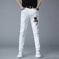 Stock 2023 Spring New Bear Embroidery Hot Diamond White Jeans Mens Elastic Small Feet Mid-Waist Pants