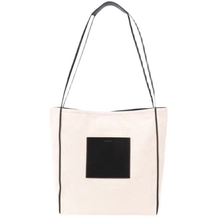 tote-bag-jil-sander-large-capacity-black-and-white-stitching-genuine-leather-canvas-cool-ladies-beach-bag