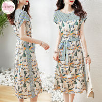 Women Summer Lace-up Dress Trendy Short Sleeves Retro Printing A-line Skirt Round Neck Mid-length Dress