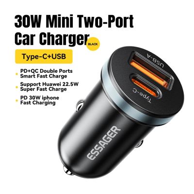 Essager 30W USB C ที่ชาร์จแบตในรถ Type C ที่ชาร์จเร็ว PD QC 3.0 SCP ที่ชาร์จไฟบนรถยนต์เร็ว5A ค่าโทรศัพท์สำหรับ iPhone Xiaomi Samsung LCZ396ที่ชาร์จแบตในรถ S