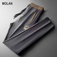 MOLAN กางเกงผ้าไหมน้ำแข็งผู้ชาย,กางเกงขายาวเข้ารูประบายอากาศกีฬากางเกงขาทรงกระบอกสีดำสีเทาฤดูร้อน