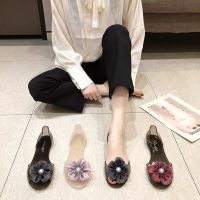 Han edition flowers pearl fish mouth flat web celebrity sandals women casual and comfortable beach shoes foreign trade the summer of transparent jelly ☁✴✻