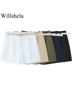 Willshela Women Fashion With Belt Solid Front Zipper Bermuda Shorts Vintage High Waist Female Chic Lady Shorts