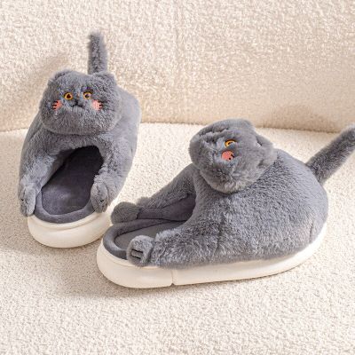 รองเท้าแตะตุ๊กตาน่ารักทรงแมวสำหรับผู้หญิงรองเท้าแตะขนพื้นตลกคลาสสิกในบ้านรองเท้าแตะอบอุ่นขนฟูไม่ลื่น