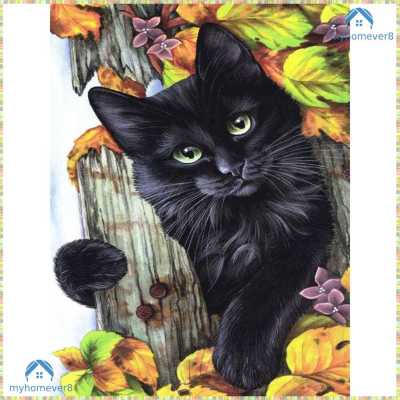 แฮนด์เมด DIY เจาะเต็มรอบภาพวาดเพชร5D ชุดโปสเตอร์แมวสีดำ