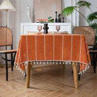 Solid Color Tablecloth Cover with Embroidered Lines Tassel Home Decoration Thickened Rectangular Cover for Weddings Birthdays