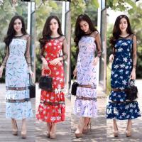 P8667  แม็กซี่เดรสแขนซีทรูพิมลายดอกไม้   Floral print sleeveless maxi dress