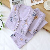 【jw】⊙◈  Cotton Gauze Sleeve Pajama Set Print Sleepwear 2 Piece Loose Nightwear