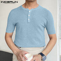 (Clearance Sale) [สมบูรณ์แบบ] INCERUN เสื้อแขนสั้นผู้ชายปุ่มขึ้น Henley เสื้อลำลองพอดีวันหยุดเสื้อท็อปส์ (สไตล์เกาหลี)