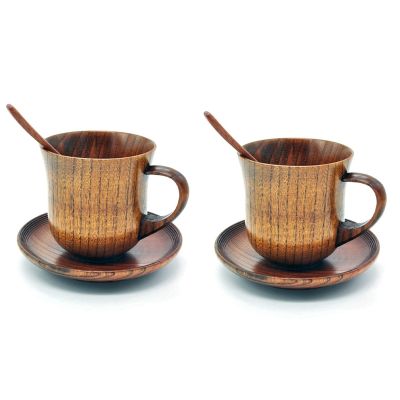 6Pcs/Set Wooden Cup Saucer Spoon Set Coffee Tea Tools Accessories