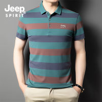 JEEP SPIRIT เสื้อโปโลของผู้ชาย,เสื้อโปโลแขนครึ่งเดียวลายทางผ้าฝ้ายลายทางแขนสั้นหลวมระบายอากาศ