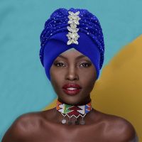 【CW】 2023 Pleated Turban Cap With Rhinestone Fashion Wrap African Aso Oke Headtie Muslim Headscarf Bonnet