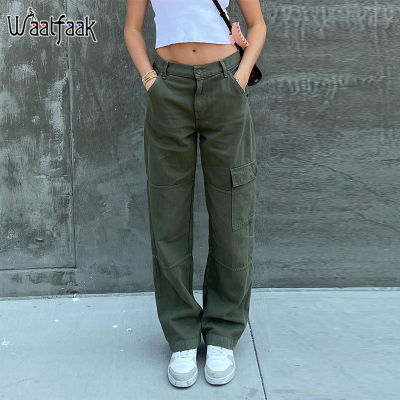 Waatfaak Green Pockets Patchwork Baggy Jeans Women 90S Boyfriend Cargo Jeans High Waist Vintage E Girl Streetwear Trousers