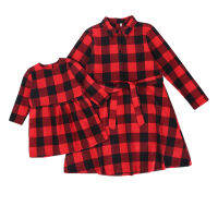 Parent-child Plaid dress Turn-down collar baby girls and mom Long Sleeve Dress Bow Tie Belt