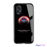 เคสใส่โทรศัพท์สำหรับ OPPO A18เคสโทรศัพท์ A38สำหรับเด็กผู้ชายซูเปอร์ฮีโร่สำหรับผู้ชายไอรอนแมนกัปตันอเมริกาสไปเดอร์แมนฝาหลังกระจกเทมเปอร์กันกระแทกเคสมีขอบฝาปิดซิลิโคนนุ่ม