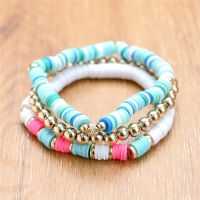 【CW】¤  Polymer Clay Beads Woven Jewelry Elastic Rope Boho 3 Layers   Bangles Pulseras Mujer