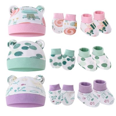 3Pcs Baby Cartoon Anti-scratch Gloves Hat Foot Cover Set Cotton Mittens Socks Kit for Infant Newborn Headwear Accessories